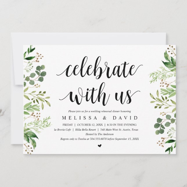 Celebrate with us, Greenery Wed Rehearsal Dinner Invitation (Front)