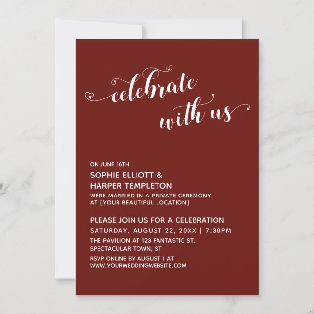 Celebrate with Us Hearts Script Burgundy Reception Invitation (Front)