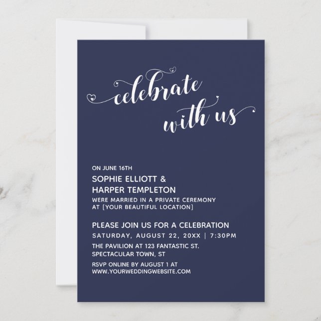 Celebrate with Us Hearts Script Navy Reception Invitation (Front)