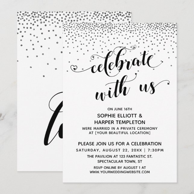 Celebrate with Us Hearts Script Silver Confetti Invitation (Front/Back)