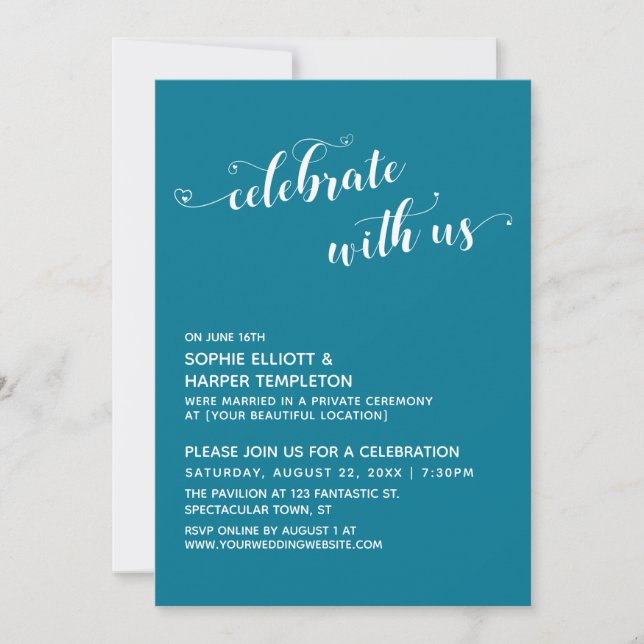 Celebrate with Us Hearts Script Teal Reception Invitation (Front)