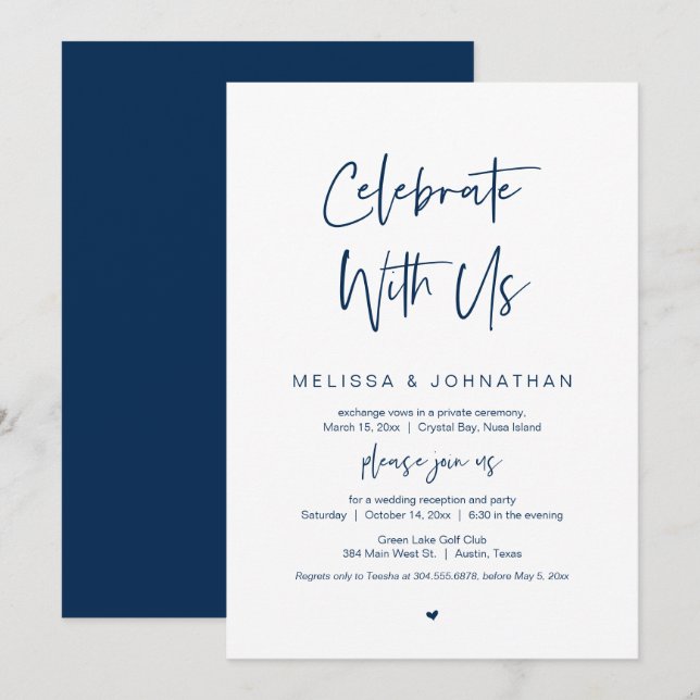 Celebrate with us, Navy Blue, Wedding Elopement Invitation (Front/Back)