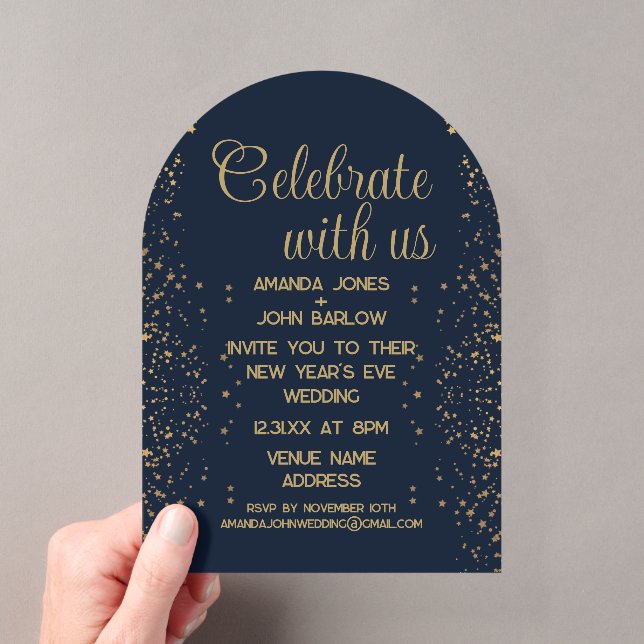 Celebrate With Us Navy Gold New Year's Wedding Acrylic Invitations (Insitu (Handheld))