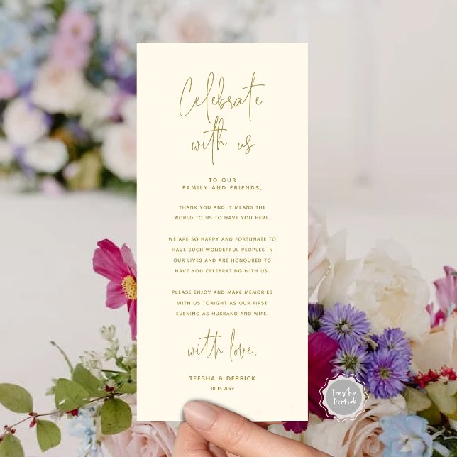 Celebrate With Us, Place Setting Thank you Card (Celebrate With Us, Place Setting Thank you Card, in  Modern Handwriting Script Yellow Gold Themed)