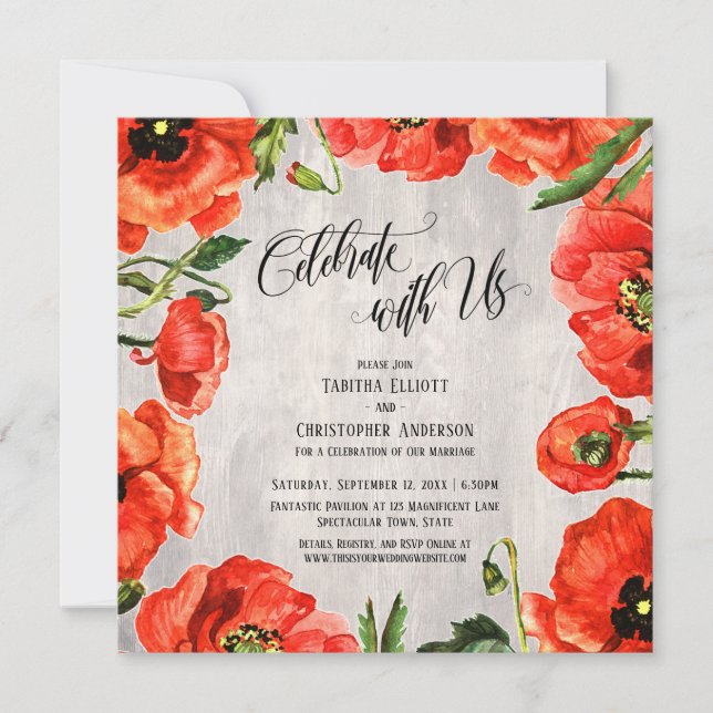 Celebrate with Us Red Poppies on Wood Reception Invitation (Front)