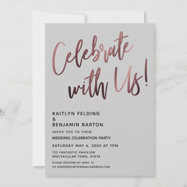 Celebrate With Us! Rose Gold Handwriting Lt Grey Invitation (Front)