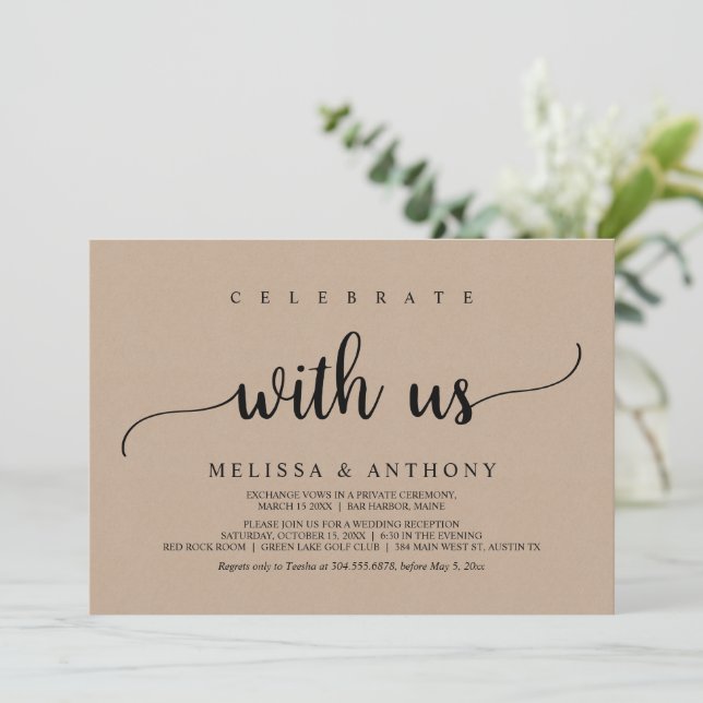 Celebrate with us, rustic wedding elopement dinner invitation (Standing Front)
