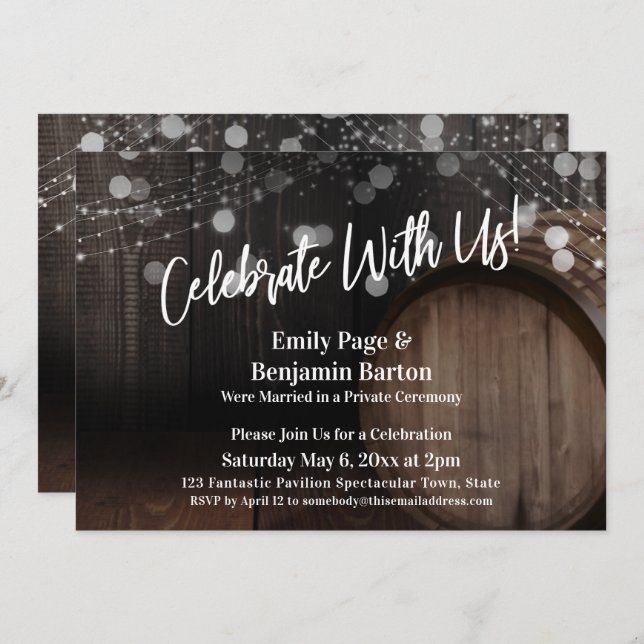 Celebrate with Us Rustic Wood Barrel and Lights Invitation (Front/Back)