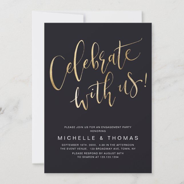 Celebrate With Us Script Black Gold Modern Simple Invitation (Front)