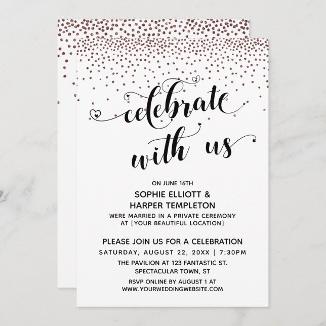 Celebrate with Us Script Rose Gold Confetti Invitation (Front/Back)