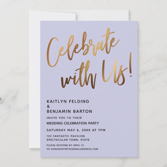 Celebrate With Us Simple Gold Handwriting Lavender Invitation (Front)