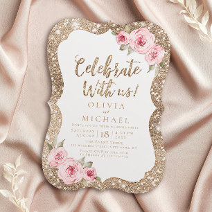 Celebrate With Us! Sparkle glitter and pink floral Invitation
