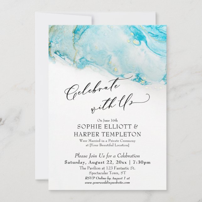 Celebrate with Us Teal & Gold Ink Reception Only Invitation (Front)