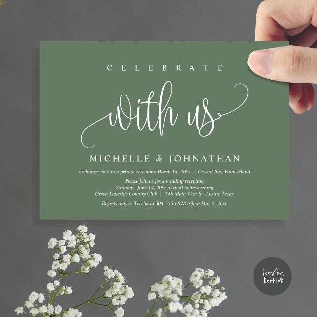 Celebrate With Us, Wedding Elopement Celebration Invitation (Celebrate with us, Modern Wedding Elopement Dinner Party Invitation Card, PDF, in Forest Sage Green)