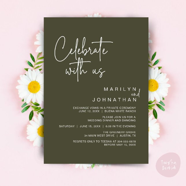 Celebrate with us, Wedding Elopement Dinner Party Invitation (Celebrate with us, Modern Wedding Elopement Dinner Lunch Brunch Party Invites Card PDF Olive Green)