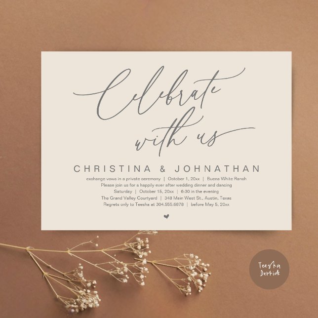 Celebrate With Us Wedding Elopement Dinner Party  Invitation (Celebrate With Us Romantic Wedding Elopement Dinner Brunch Lunch Party Invites Card PDF Cream Grey)