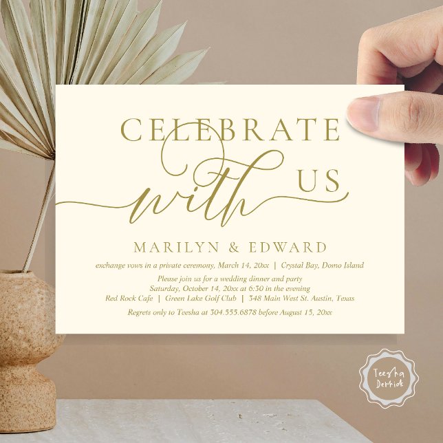 Celebrate with us, Wedding Elopement Party Invitation (Celebrate with us, Wedding Elopement Party Invitation Card, PDF, Modern Elegant, in classy gold)