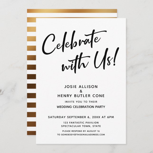 Celebrate With Us! Wedding Reception + Gold Stripe Invitation (Front/Back)