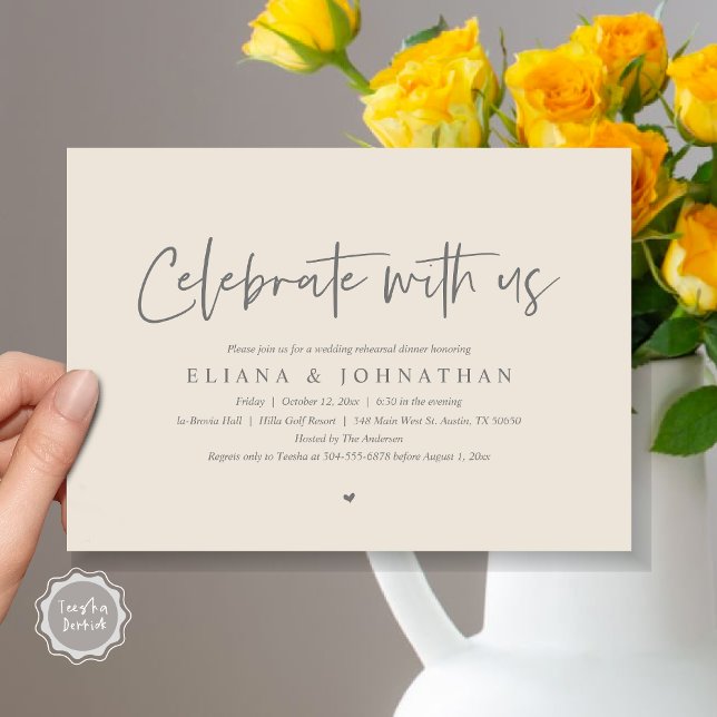 Celebrate with us, Wedding Rehearsal Dinner Invitation (Celebrate with us, Wedding Rehearsal Dinner Party Invitation Card, PDF, Modern Casual, in Grey Cream)