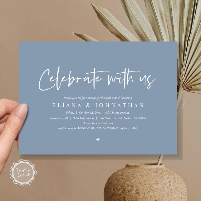 Celebrate with us, Wedding Rehearsal Dinner Invitation (Celebrate with us, Wedding Rehearsal Dinner Party Invitation Card, PDF, Modern Casual, in Dusty Blue)