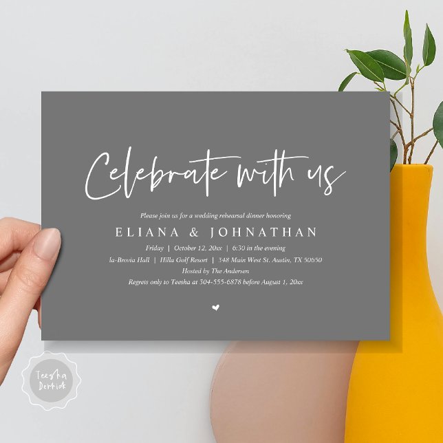 Celebrate with us, Wedding Rehearsal Dinner Invitation (Celebrate with us, Wedding Rehearsal Dinner Party Invitation Card, PDF, Modern Casual, in Dark Grey)