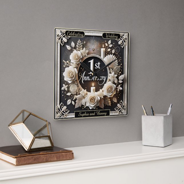 Celebrating a Beautiful First 1st Anniversary Square Wall Clock (Office)