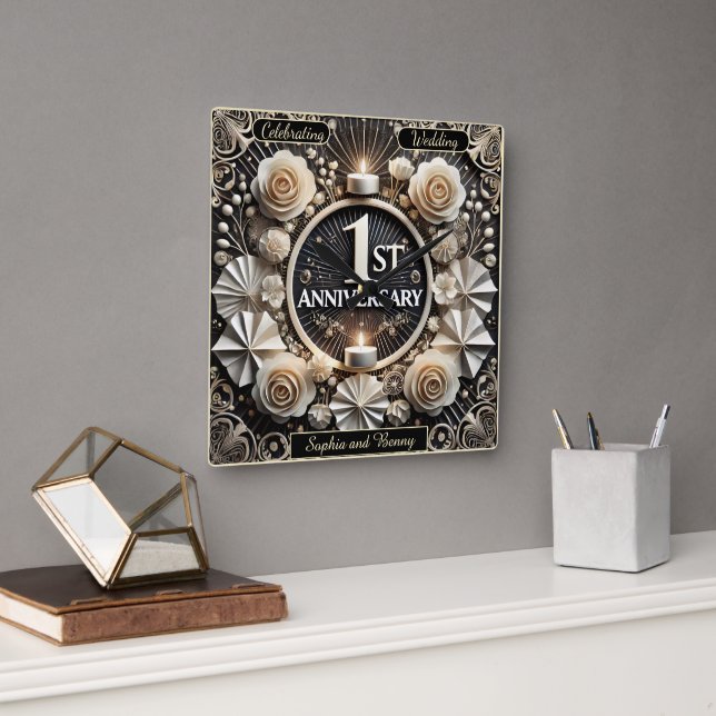 Celebrating a Beautiful First Anniversary Moment Square Wall Clock (Office)