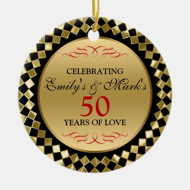Celebrating- Gold Diamonds And Red Swirls Ceramic Ornament (Front)