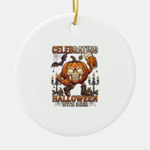 Celebrating Halloween Beer Skull Pumpkin Bat Candl Ceramic Ornament