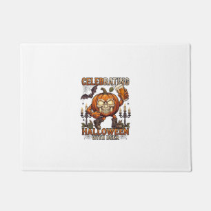 Celebrating Halloween Beer Skull Pumpkin Bat Candl Doormat