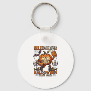 Celebrating Halloween Beer Skull Pumpkin Bat Candl Keychain