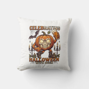 Celebrating Halloween Beer Skull Pumpkin Bat Candl Throw Pillow