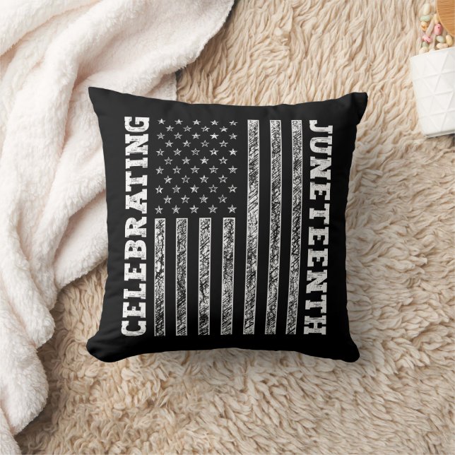 Celebrating Juneteenth Vintage American Flag Cool Throw Pillow (Blanket)
