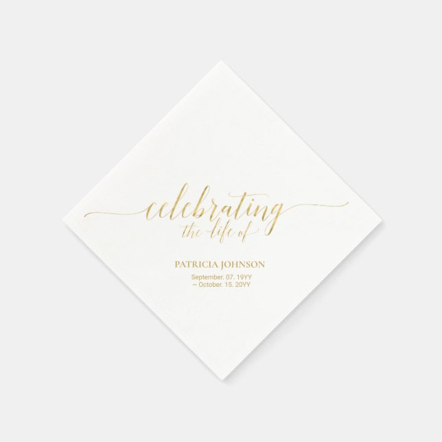Celebrating Life | Elegant Gold Script Memorial Napkin (Corner)