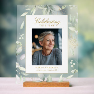 Celebrating Life Greenery Photo Funeral Memorial Acrylic Sign