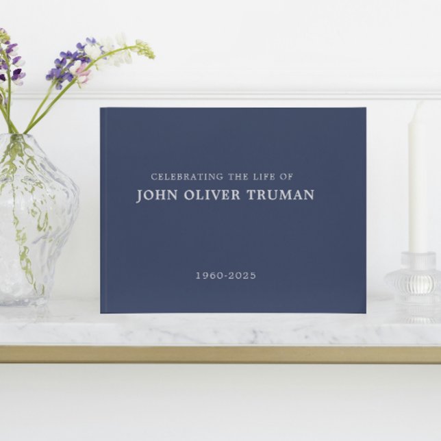 Celebrating Life of Personalized Memorial Funeral Guest Book (calligraphy navy blue rustic country in loving memory for memorial service of life funeral guestbook)