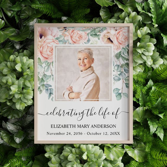 Celebrating Life Photo Blush Pink Peony Memorial (Blush pink floral watercolor celebration of life poster with a photo of your loved one.)