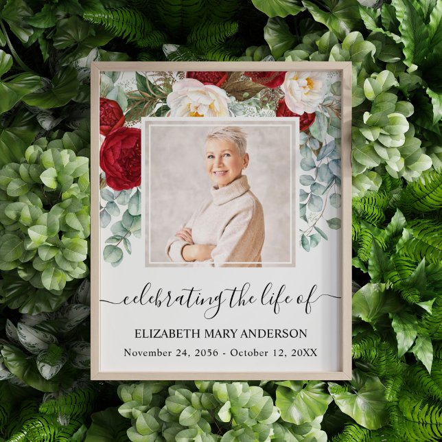 Celebrating Life Photo Red White Roses Memorial (Red and white rose eucalyptus watercolor celebration of life photo funeral poster.)