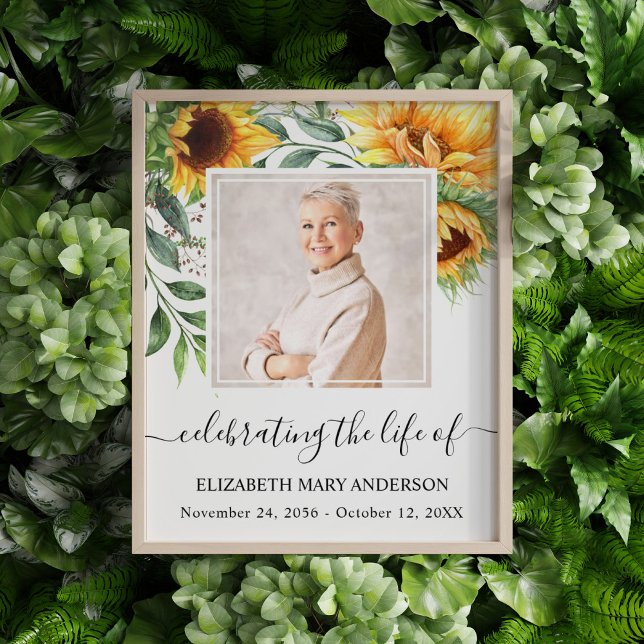 Celebrating Life Photo Sunflower Memorial (Sunflower floral watercolor celebration of life poster with a photo of your loved one.)