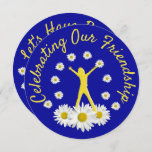 Celebrating Our Friendship Daisies Brunch Invitation<br><div class="desc">Joyful golden female silhouette expressing joy standing among flowers with raised hands tossing white daisy blossoms on deep sky blue background. Celebrating our friendship and life. Let’s have Brunch. Adds a cheerful touch to brunch party invitation, gifts. Ask friend (or friends) to join in celebration of your friendship. All text...</div>