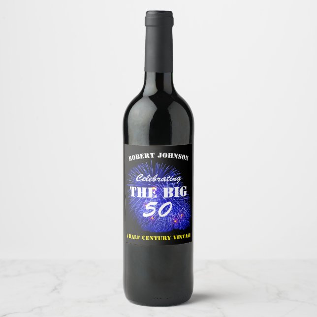 Celebrating THE BIG 50 Man's 50th Birthday Blue Wine Label (Front)