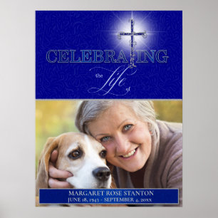 Celebrating the Life Blue Christian Cross Photo Poster