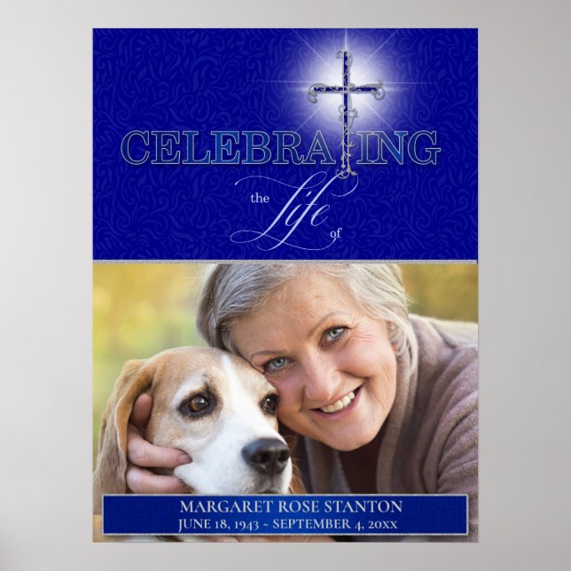 Celebrating the Life Blue Christian Cross Photo Poster (Front)