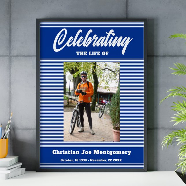 Celebrating the life  Photo Blue Stripes Funeral Poster (Creator Uploaded)
