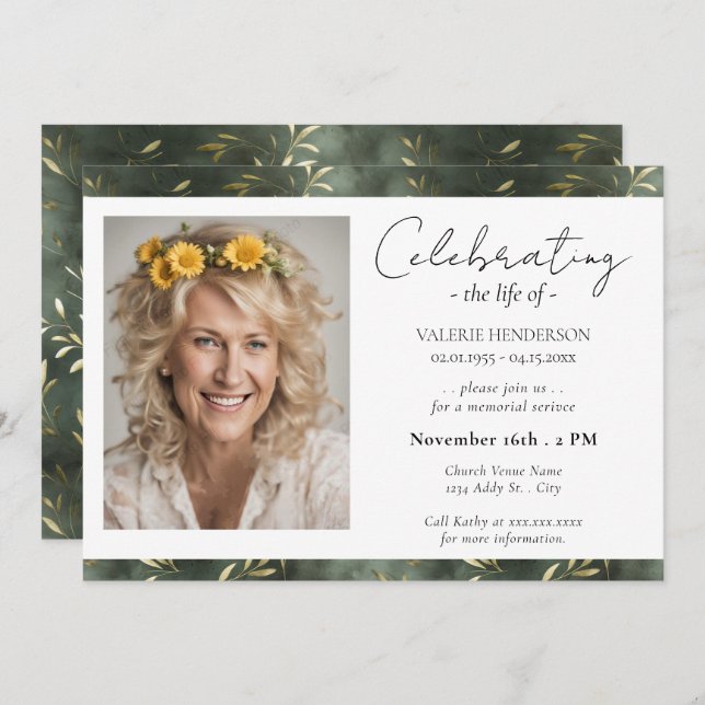 Celebrating the Life Service Of Olive Leaf Photo  Invitation (Front/Back)
