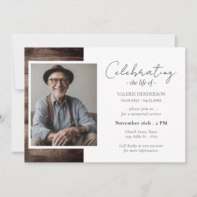 Celebrating the Life Service Of Wood Photo  Invitation (Front)