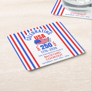 Celebrating USA 250 Years Family BBQ July 4th Square Paper Coaster