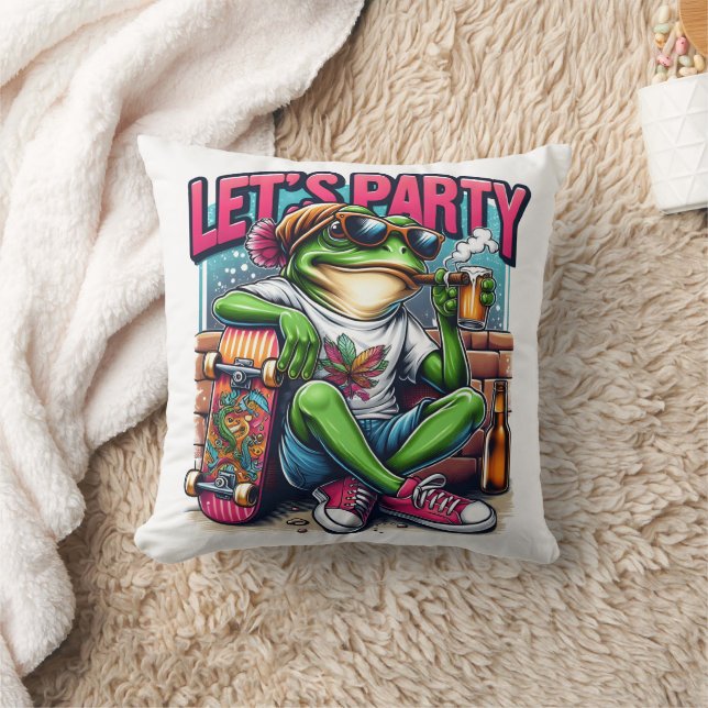 Celebrating with a cool frog on a skateboard throw pillow (Blanket)