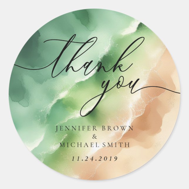 Celebration Branding Green Beach Ocean Thank You Classic Round Sticker (Front)