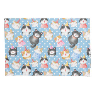 Celebration Cats on Blue Polka Dots Pillowcase
